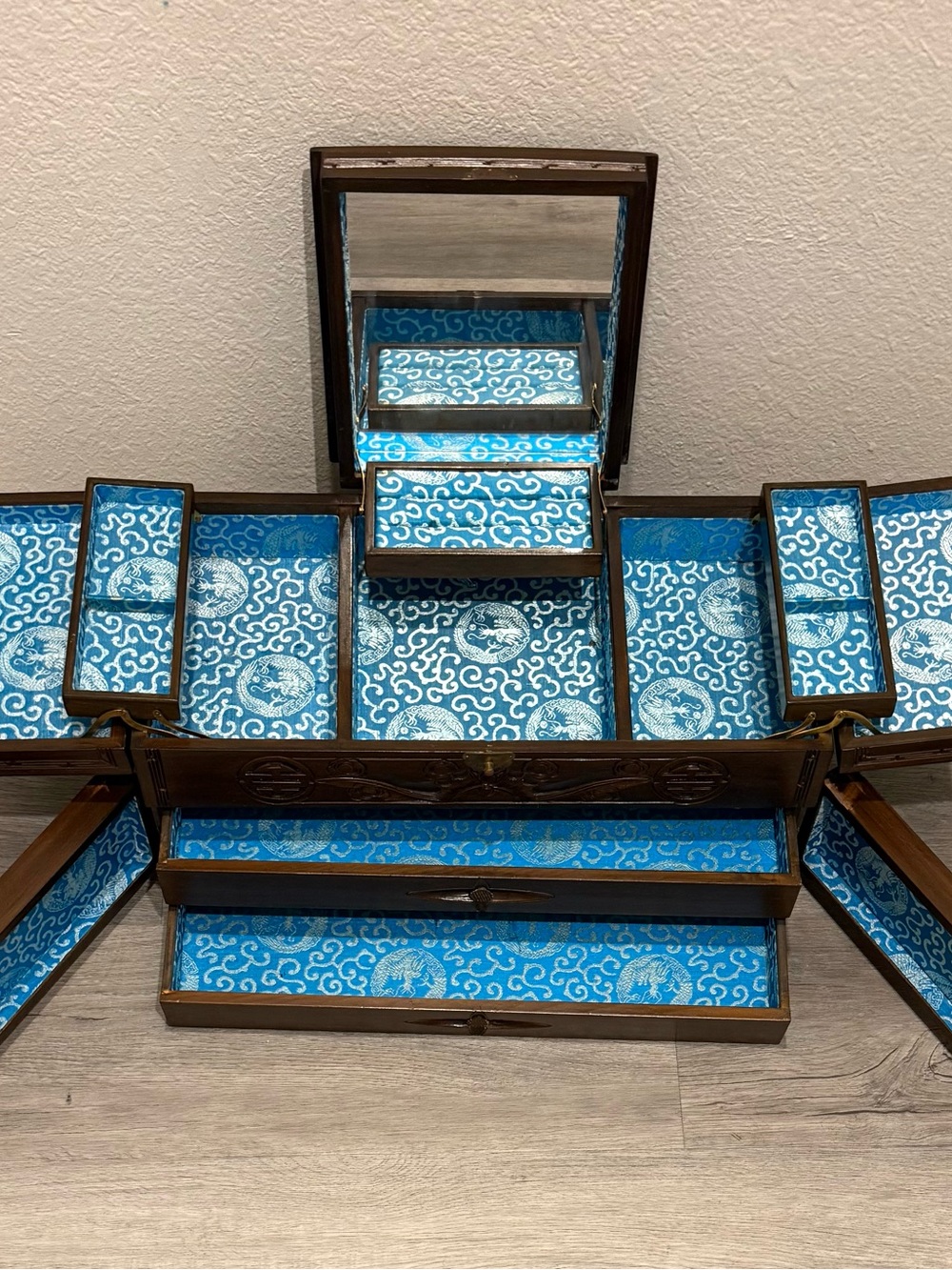 Decorative Blue Fabric-Lined Jewelry Box with Mirror - Brand Unspecified